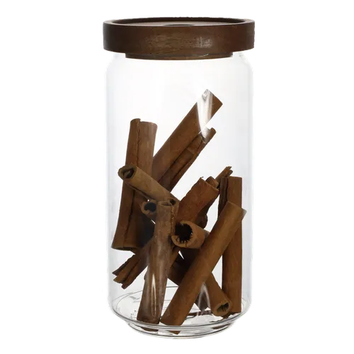 Clear Glass Canister With Walnut Lid Containing Cinnamon Sticks