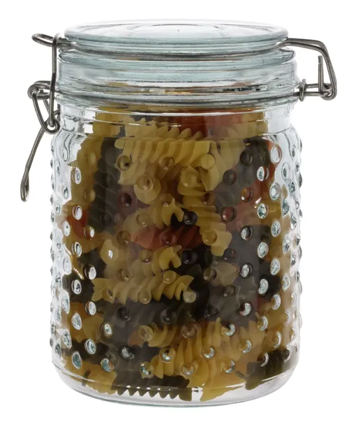 Clear Dotted Glass Canister With Lid Containing Pasta