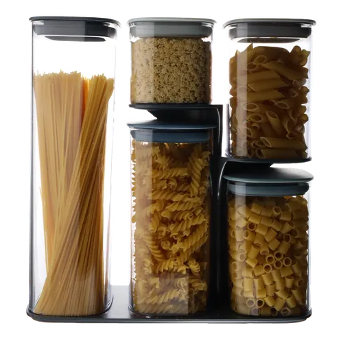 Clear Plastic 5 Piece Canisters With Various Blue Lids On Stand