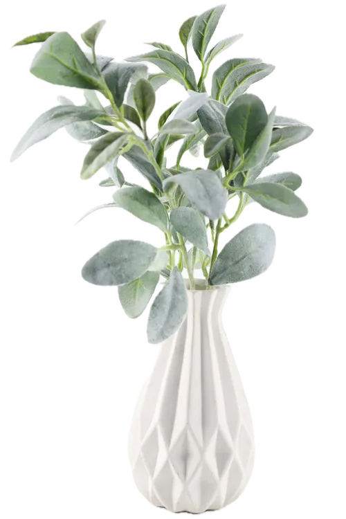 Artificial Lamb's Ear Plant In White Fluted Ceramic Vase