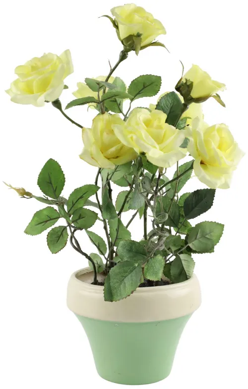 Artificial Yellow Rose Plant In Green Ceramic Pot