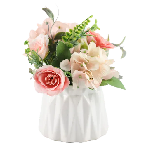 Artificial Pink Mini Wedding Arrangement In White Grooved Pot