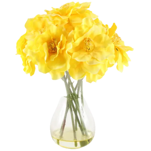 Artificial Yellow Wild Roses In Clear Glass Teardrop Vase