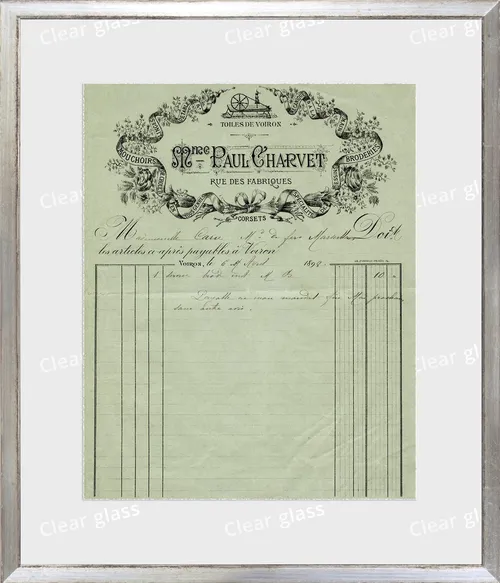 Vintage French Receipt On Green Paper With Silver Frame