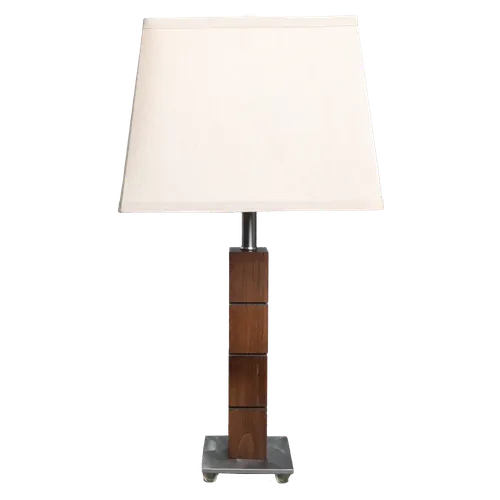 Stacked Wood Block Table Lamp With Brushed Chrome Base & Beige Shade