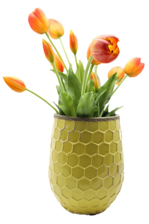 Artificial Orange Tulips In Yellow Honeycomb Ceramic Vase