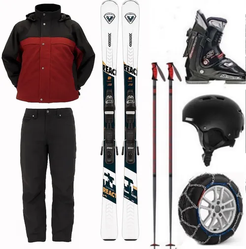 Adult Standard Skis, Boots, Poles, Jacket and Pants with Snow Chains Package (ASS9)