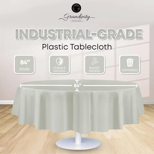 Grey round plastic tablecloths 