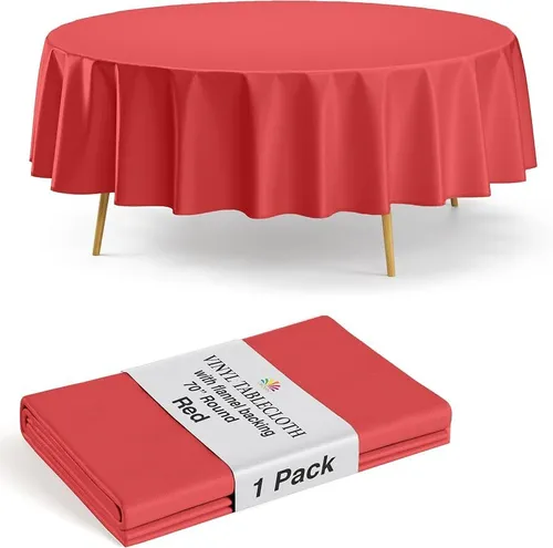 Circular red plastic tablecloths 