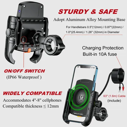 Motorcycle phone holder wireless & USB-C charging