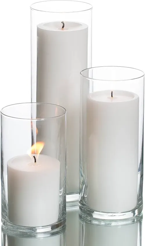 Glass Cylinder vase with natural wax candle Set of 3