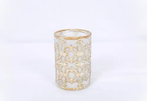 Beige patterned candle jar with lights