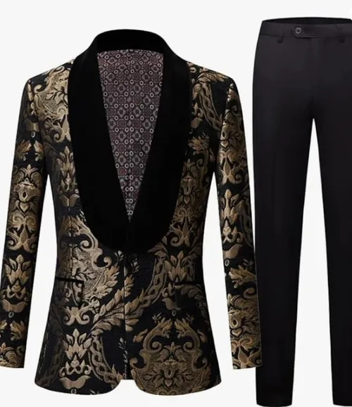 Men's 2-piece gold floral jacquard ball suit with shawl and lapels