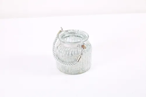 Grey candle jar with fabric handle and lights
