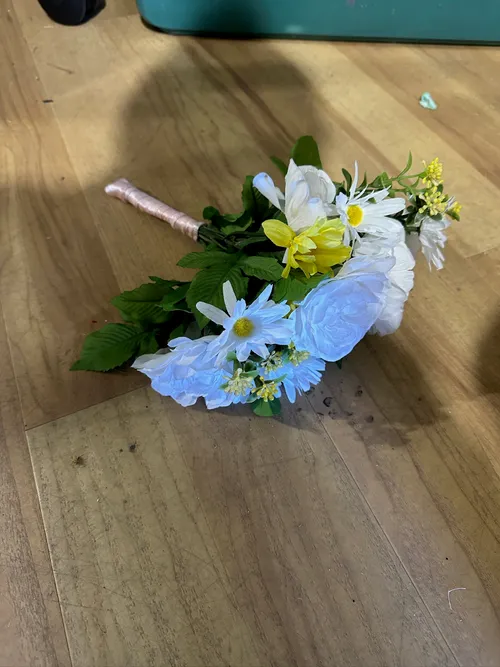 White Flower Bouquet with Pink Ribbon