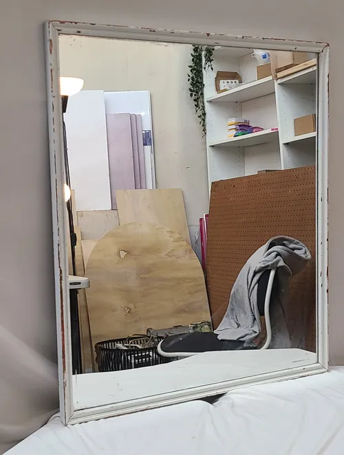 Thin Distressed White Framed Mirror