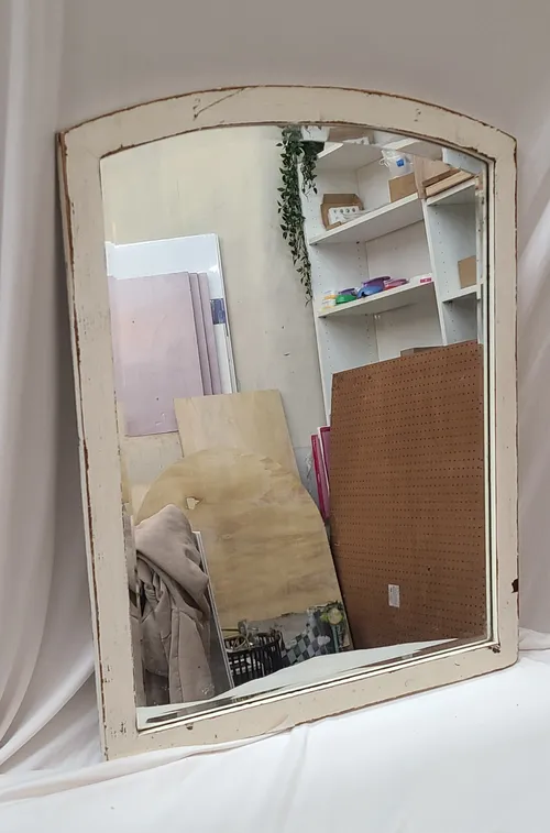 Distressed Curved Whited Framed Mirror