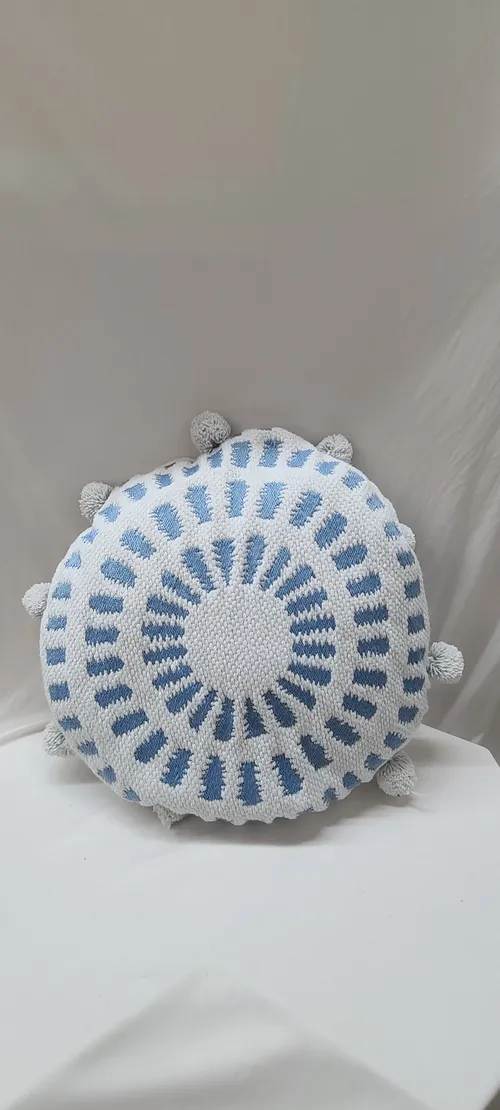 Blue & White Pom Pom Round Pillow