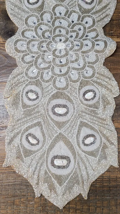 White & Tan Beaded Table Runner