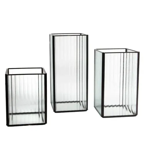 Black Frame (LED) Ribbed Trio Square Hurricane