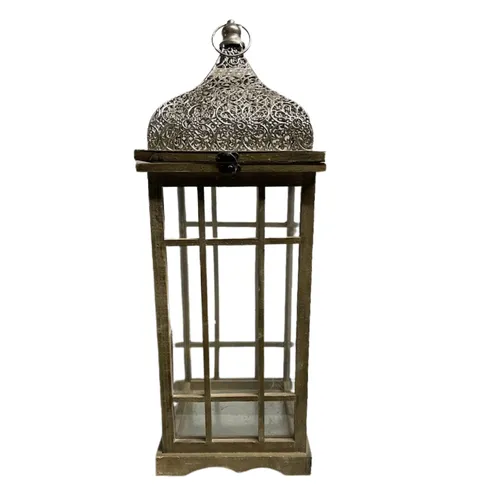 Large Wood & Silver Top Lantern