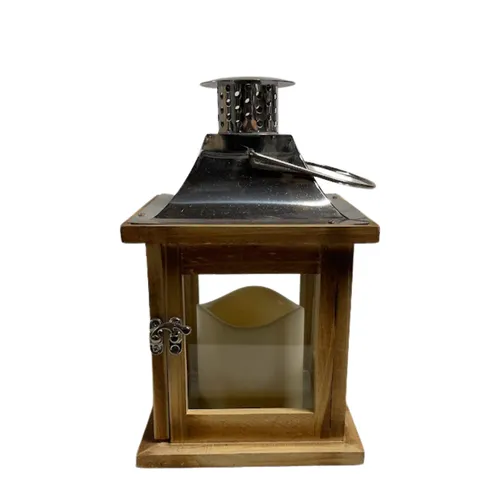Short Silver and Wood Lantern
