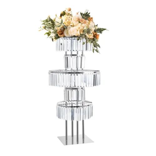 Silver Crystal Vases for Centerpieces,5 Tier Round Chandelier Pedestal Stand
