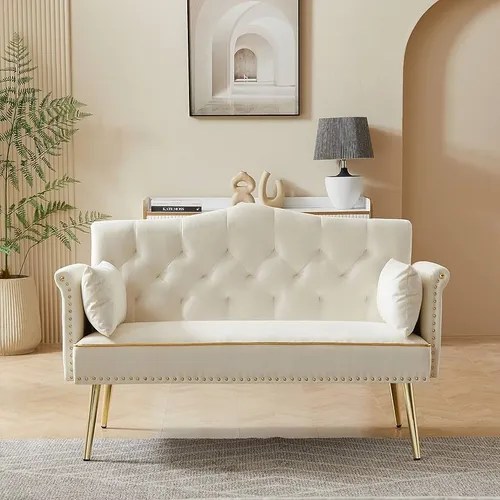 Cream Velvet Loveseat with Gold Metal Legs