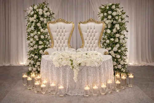 Sweetheart Table with Floral, Tablescape and Chairs