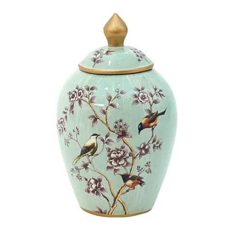 Mint Bird Flower Ginger Jar Small