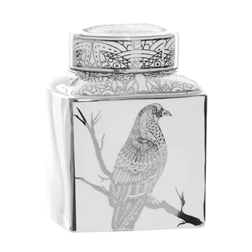 Silver bird square ginger jar med