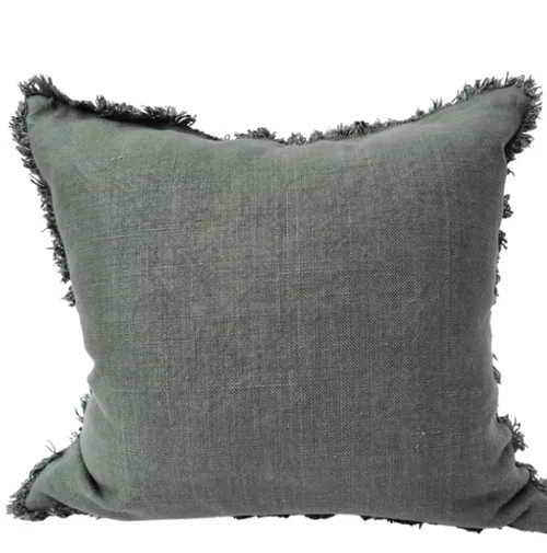 Green bottle heavy weight linen fringe feather cushion