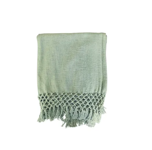 Green cotton throw with fringe