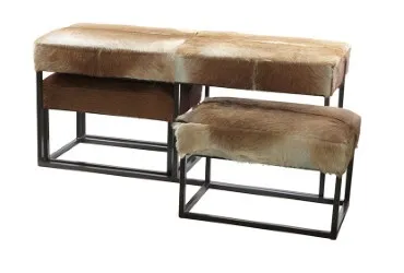 Goats hide ottoman & stool set 3