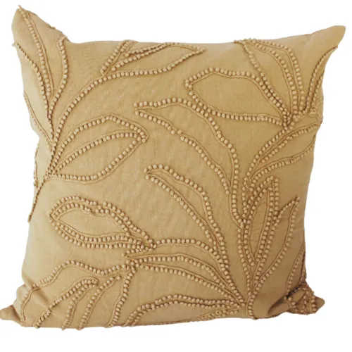 Mustard flower beaded feather cushion