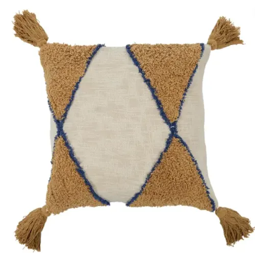 Mustard/blue tassel poly cushion