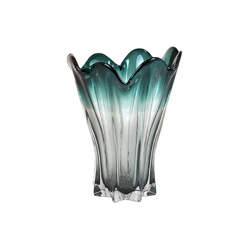 Glass green emerald & clear wave vase