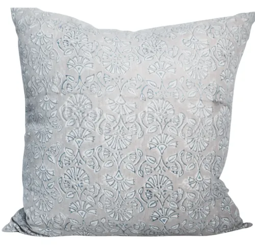 Blue / grey flower block print feather cushion