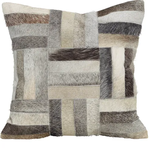 Brown cowhide rectangle patchwork poly cushion