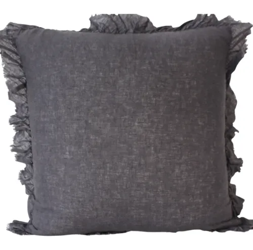 Black Linen frill feather cushion