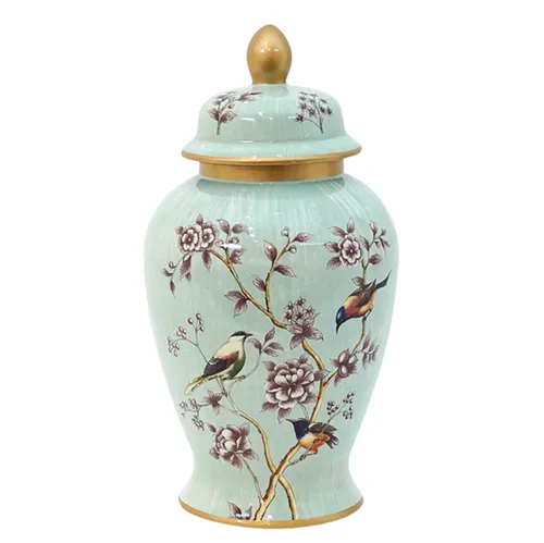 Mint Bird Flower Ginger Jar Large
