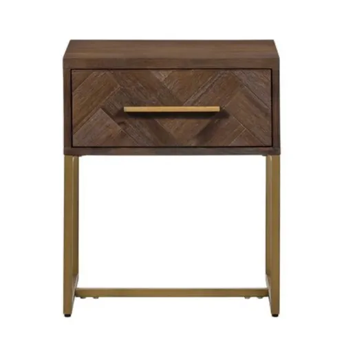 Walnut Herringbone Single Draw Gold Leg Bedside Table