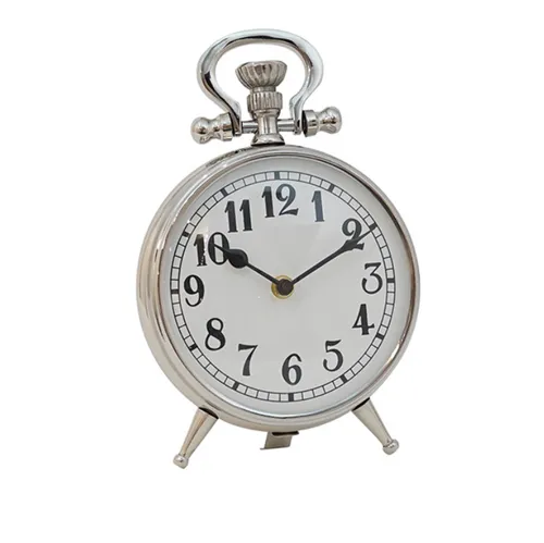 Desk clock- metal silver round clock on feet
