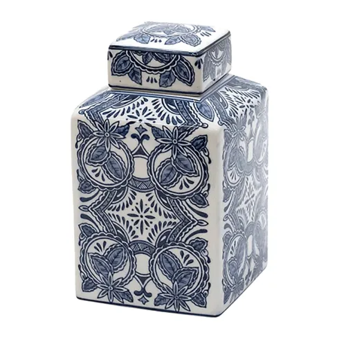Blue, white porcelain square ginger jar