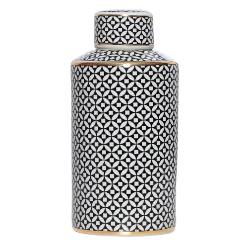 Blk/wht gold trim jar round ginger jar Large