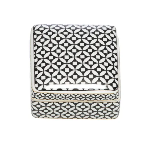 Ceramic blk/wht gold trim trinket box square