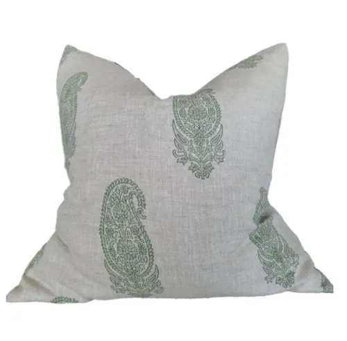 Paisley Green French Linen Feather Cushion