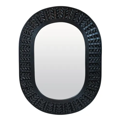 Black bamboo woven oval mirror 80 x 104cm