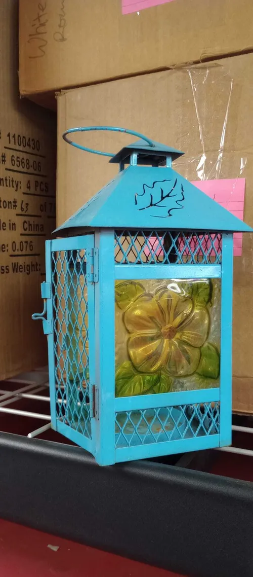 Blue Metal Lantern With Colorful Glass