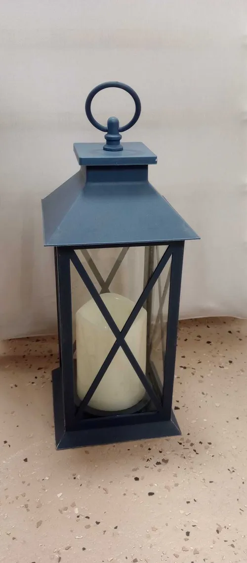 Dusty Blue Lanterns With Flameless Pillar Candle